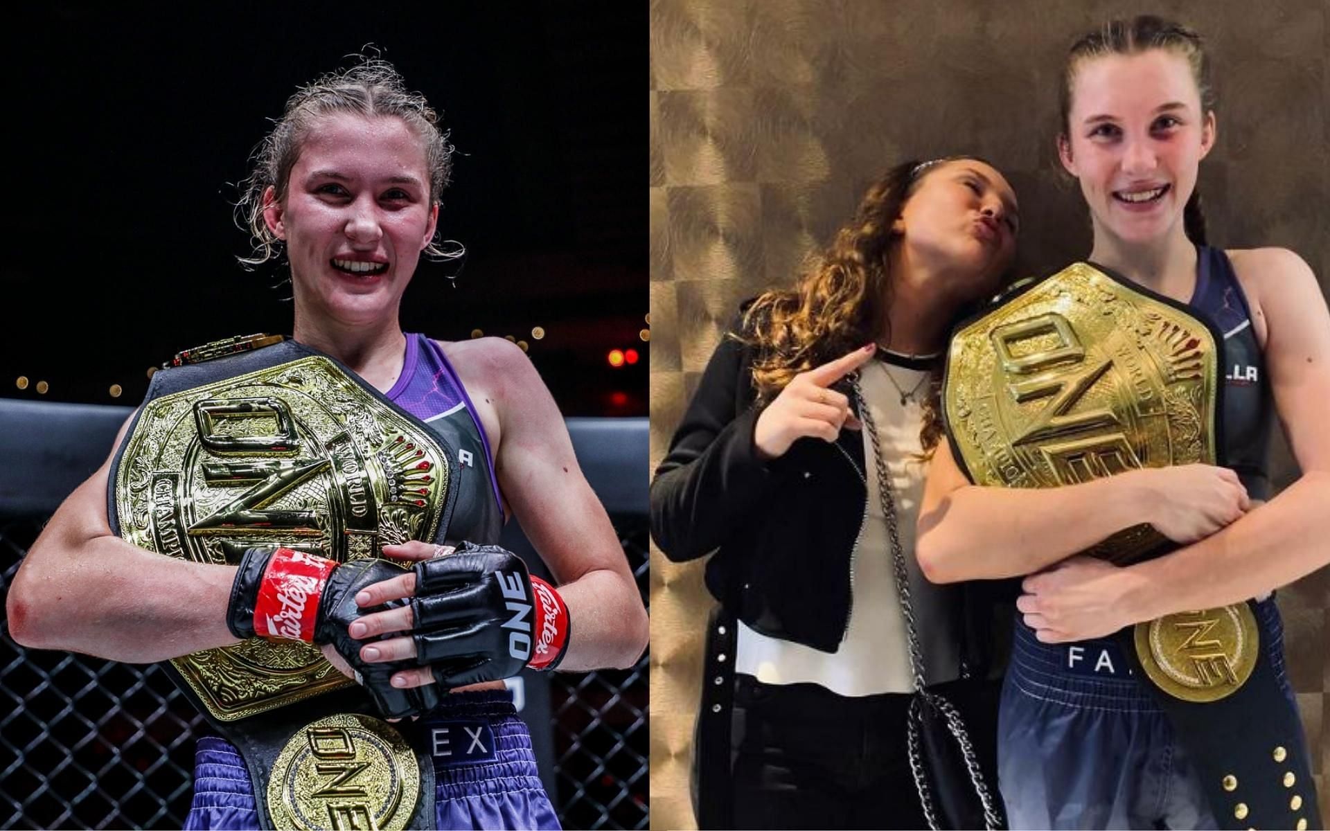 ONE women&#039;s strawweight Muay Thai champion Smilla Sundell poses with her sister and fellow Muay Thai practitioner, Leia. (Image courtesy: ONE Championship, @smilla_fairtex on Instagram)