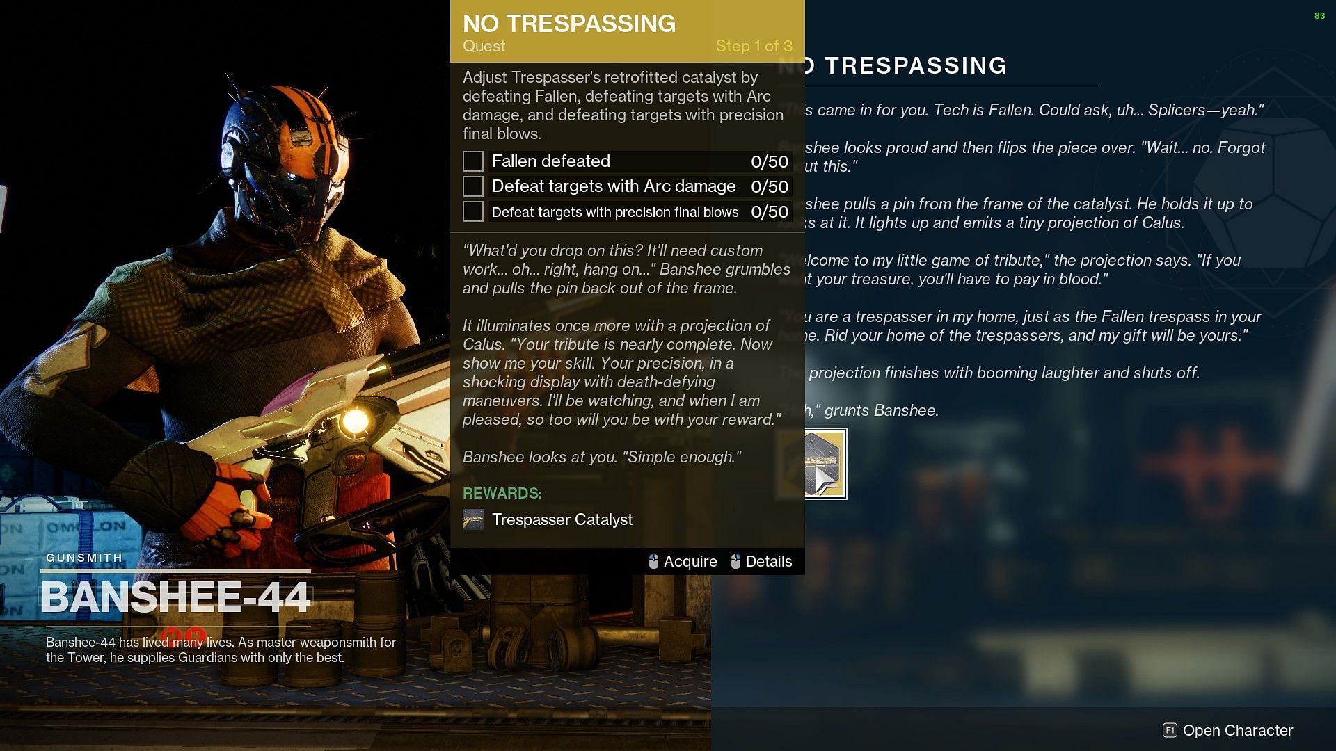 The No Trespassing Exotic questline from Banshee-44 (Image via Bungie)