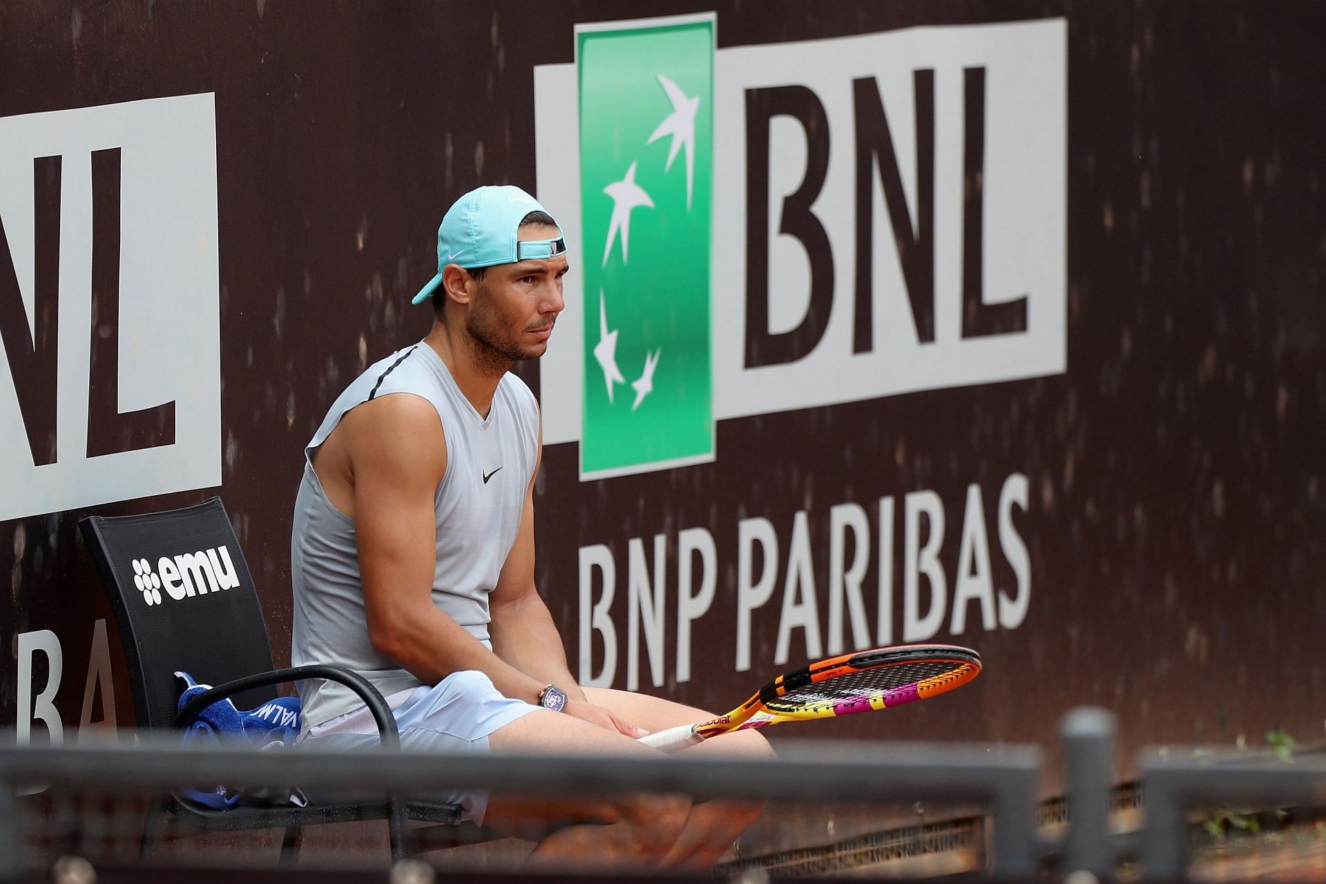 Rafael Nadal during a practice session at the Internazionali BNL D&#039;Italia 2022