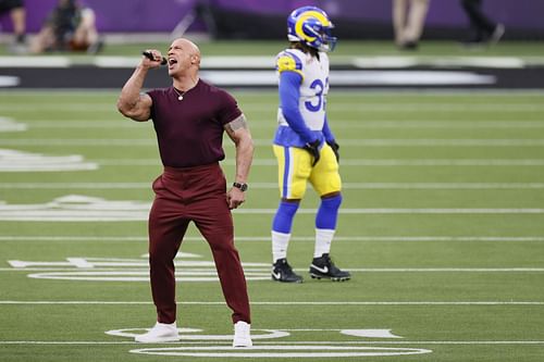 'The Rock' at the Super Bowl LVI involving Los Angeles Rams v Cincinnati Bengals