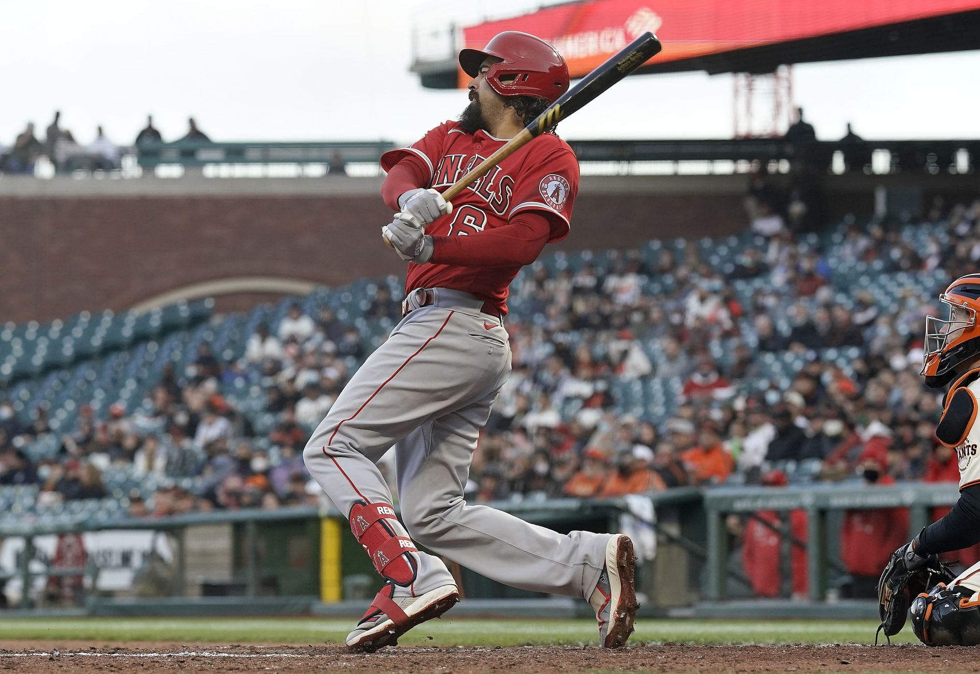 Anthony Rendon of the Los Angeles Angels hits a bases loaded three-run RBI double against the San Francisco Giants.