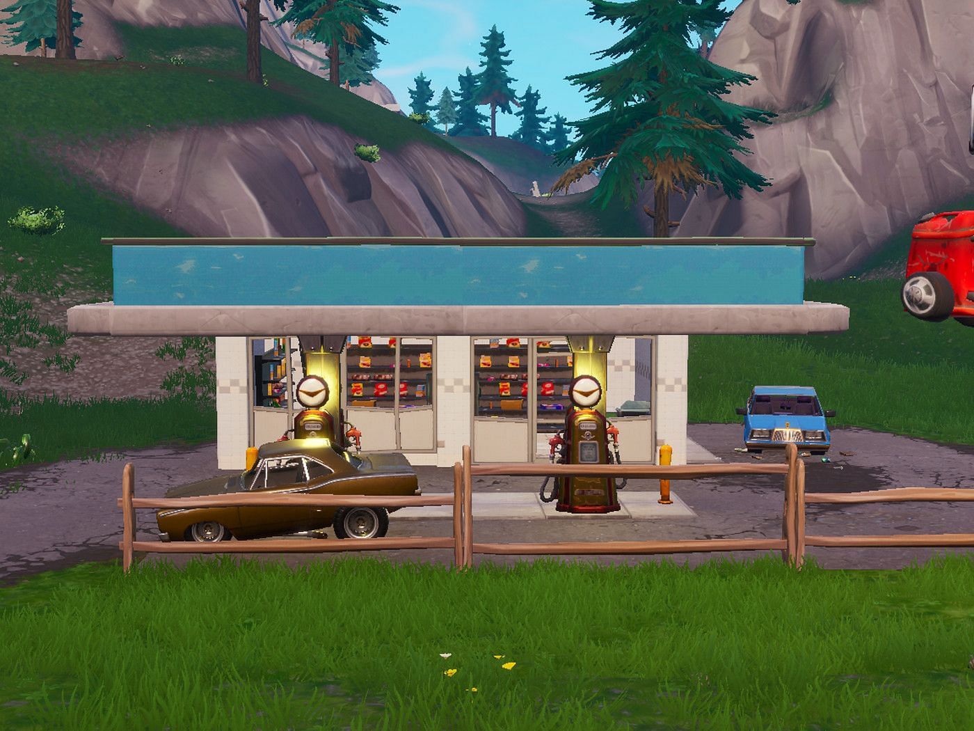 Gas stations in Fortnite always have vehicles nearby (Image via Epic Games)