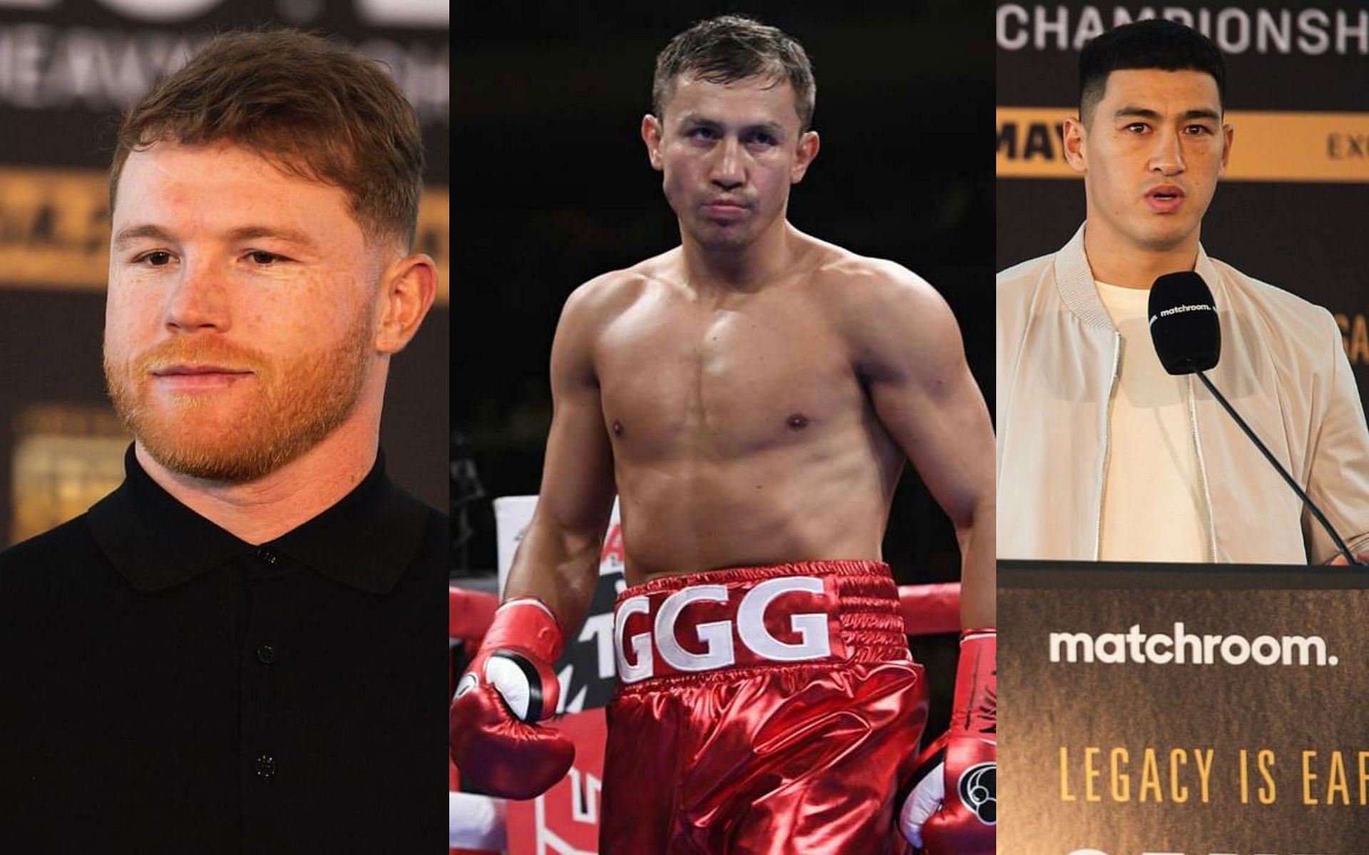 Canelo Alvarez (L), Gennadiy Golovkin (C), and Dmitry Bivol (R)