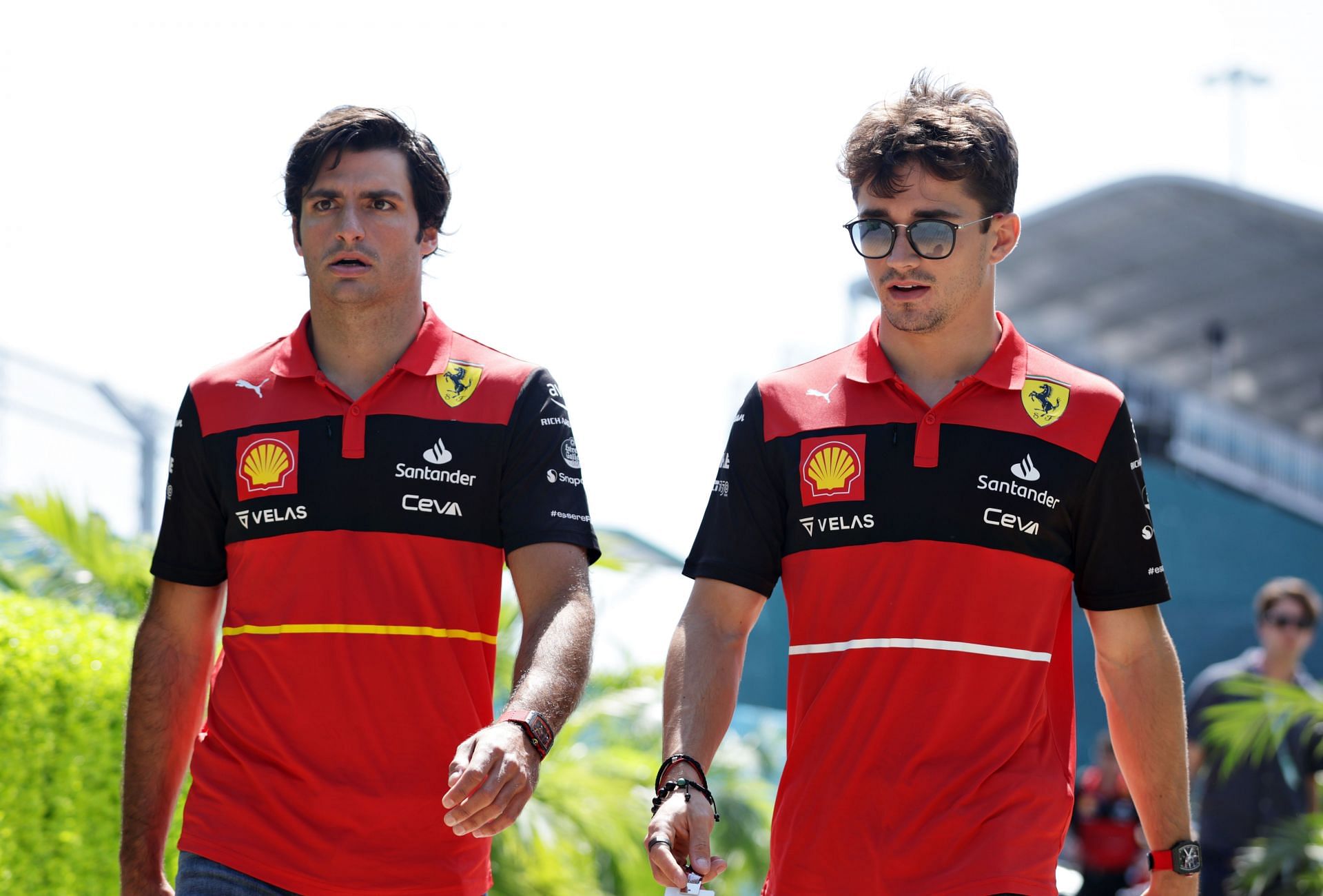 Ferrari drivers Carlos Sainz (left) and Charles Leclerc (right) ahead of the 2022 F1 Miami GP. (Photo by Mark Thompson/Getty Images)