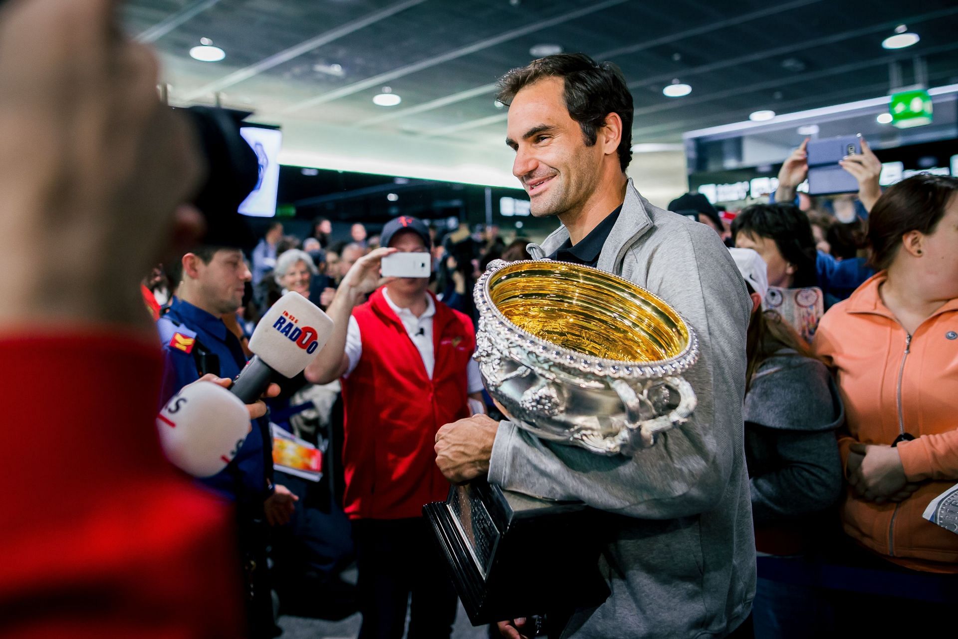 Roger Federer arrives in Zurich after his 2018 Australian Open win.