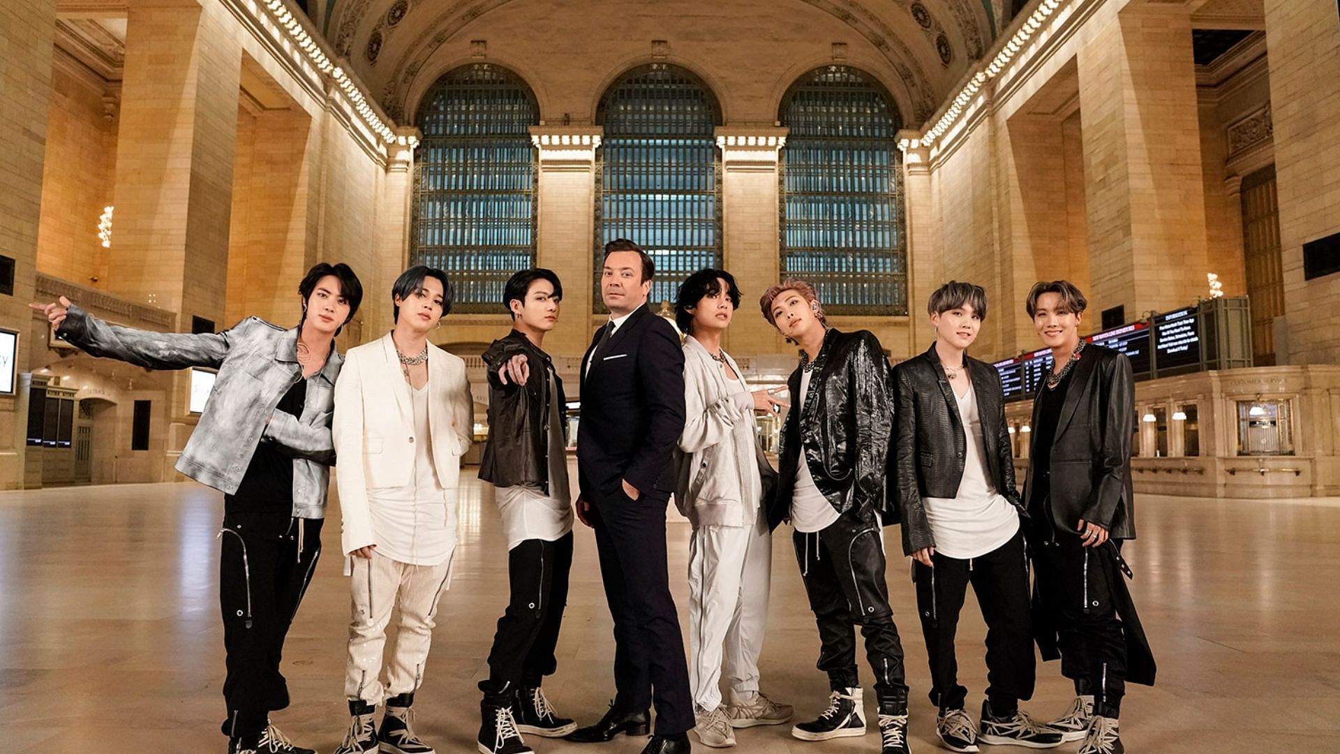 K-pop group, BTS and Jimmy Fallon at the Grand Central Station (Image via Getty Images)