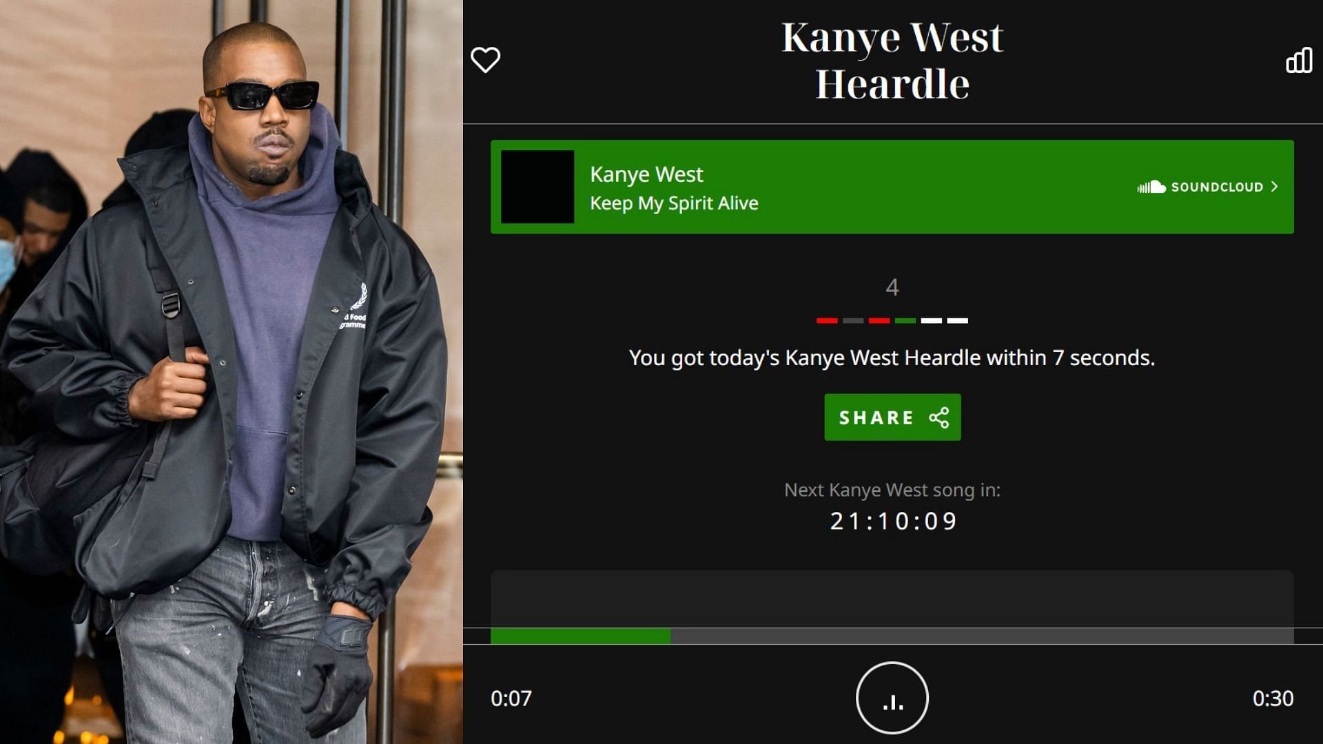 Kanye West Heardle challenges the artist&#039;s fans to guess his songs in the least number of tries (Image via Gotham/Getty Images)