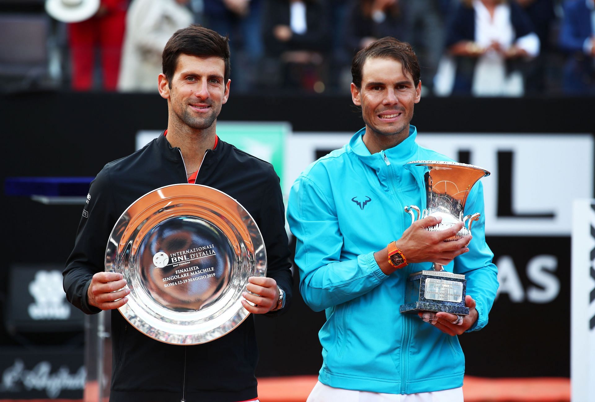 Novak Djokovic and Rafael Nadal at the 2019 Italian Open.