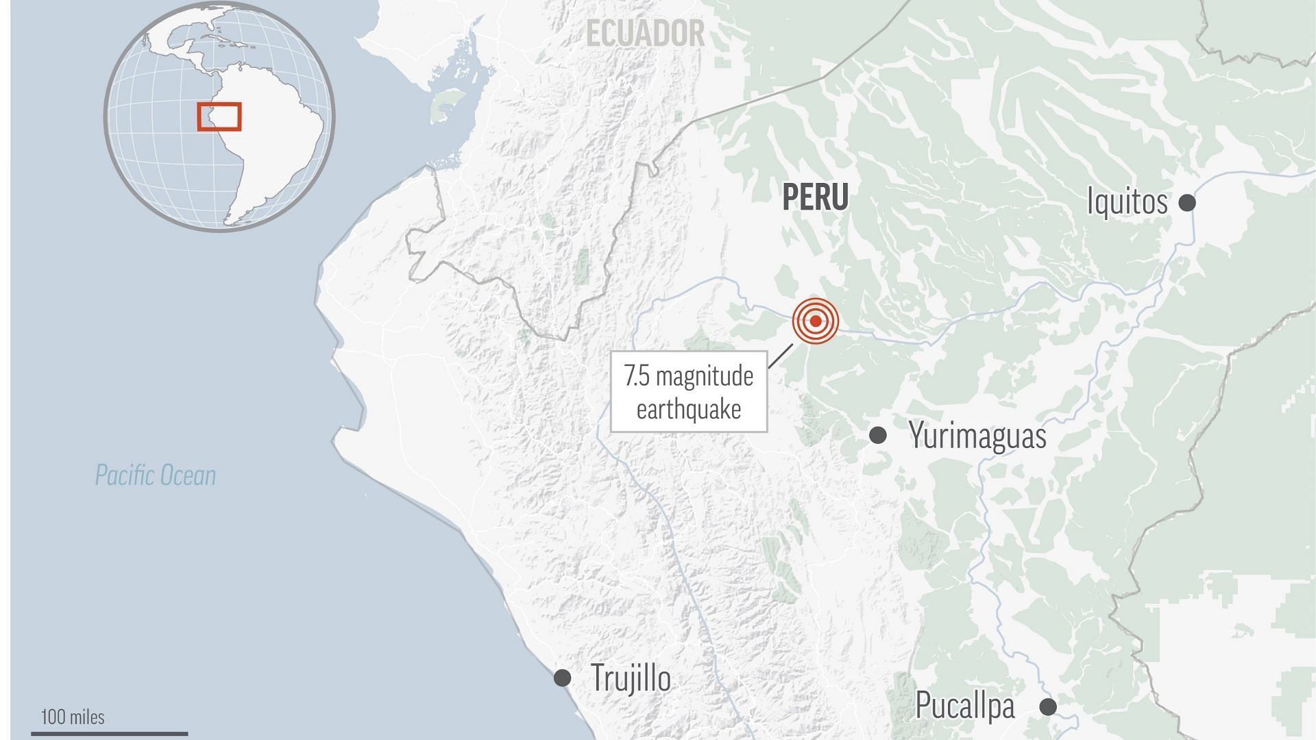 A strong earthquake with a preliminary magnitude of 7.2 has struck southern Peru ( Image via The U.S. Geological Survey )