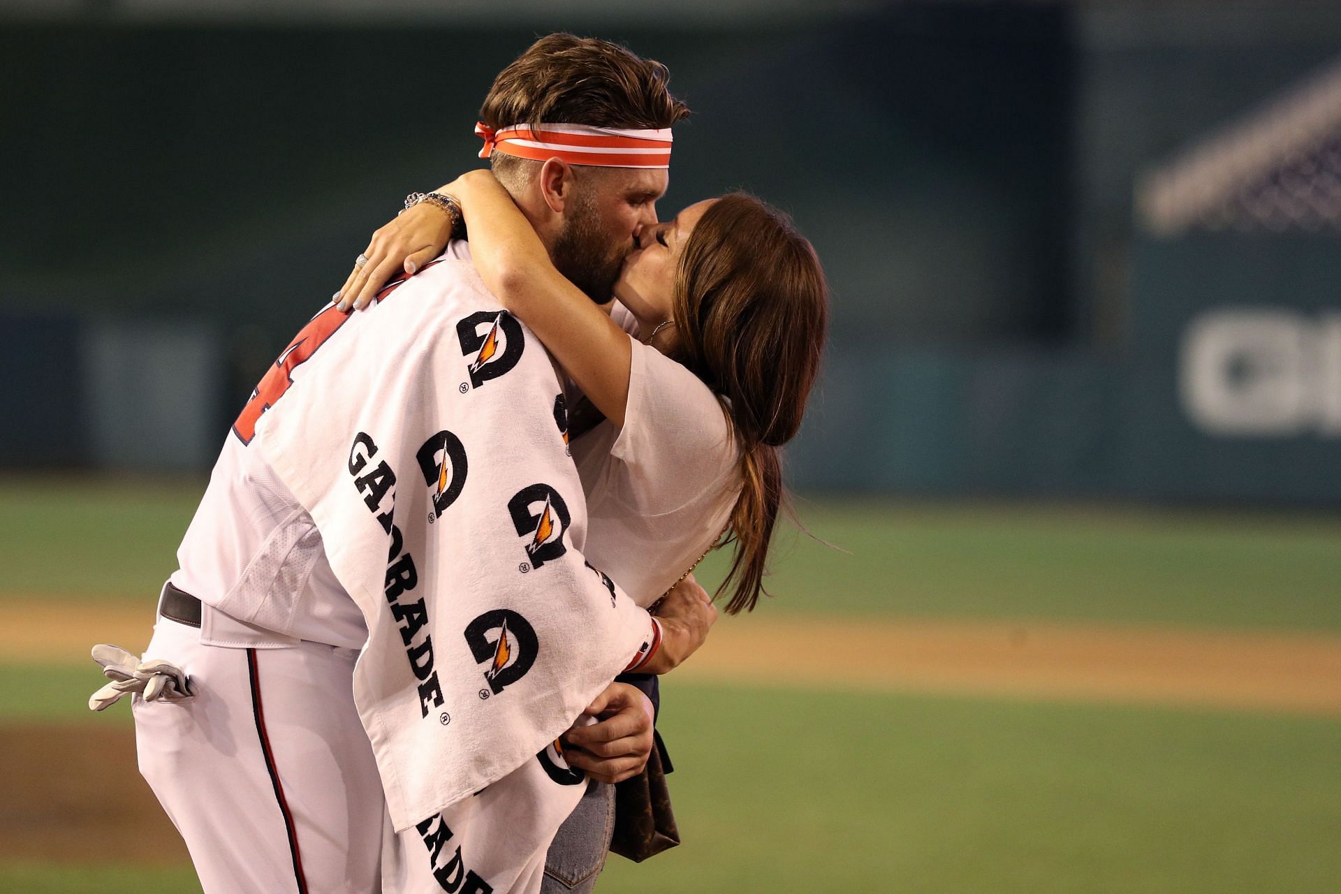 Harper embraces wife Kayla Varner after the 2021 Home Run Derby.