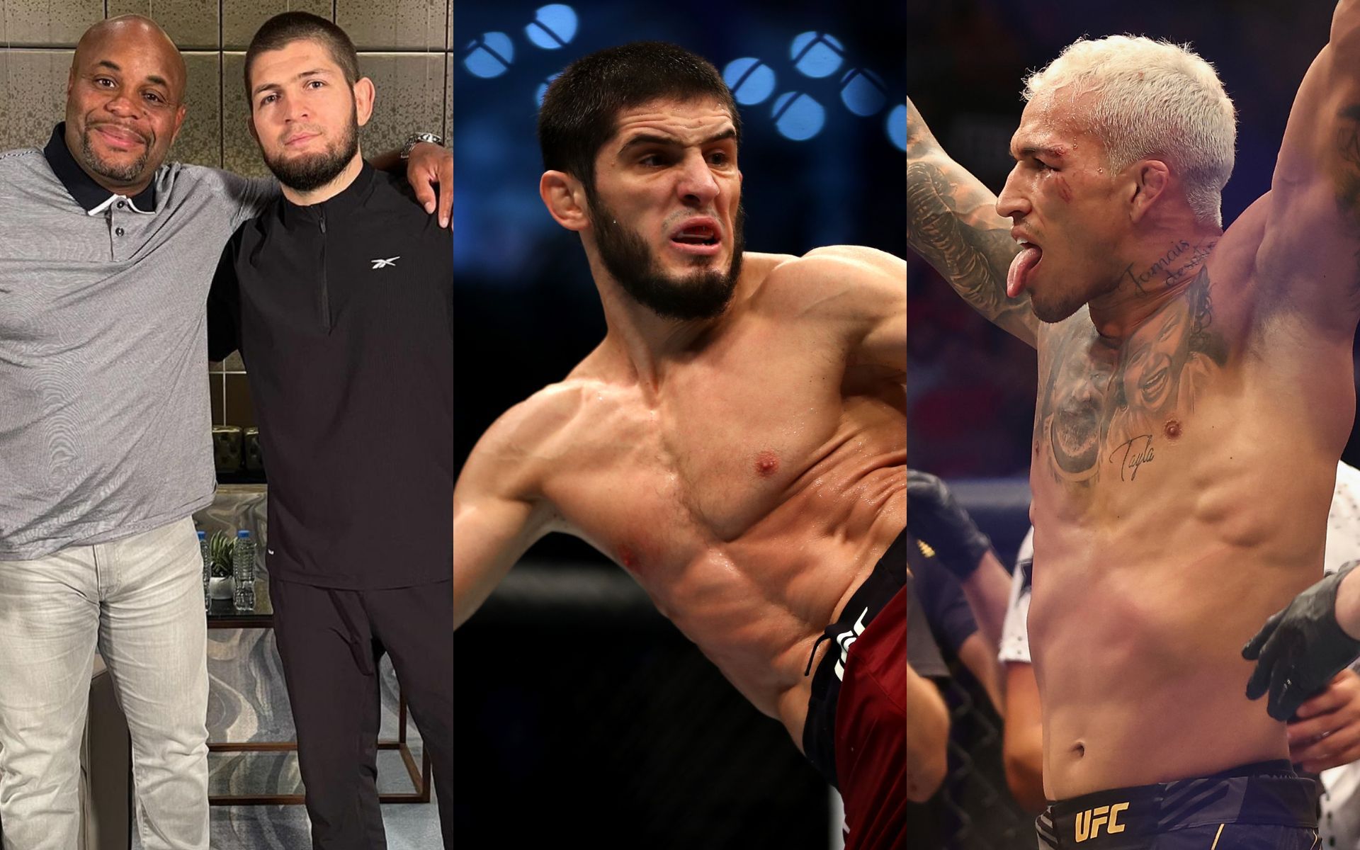 (L to R) Daniel Cormier, Khabib Nurmagomedov (via @khabib_nurmagomedov on Instagram), Islam Makhachev, Charles Oliveira