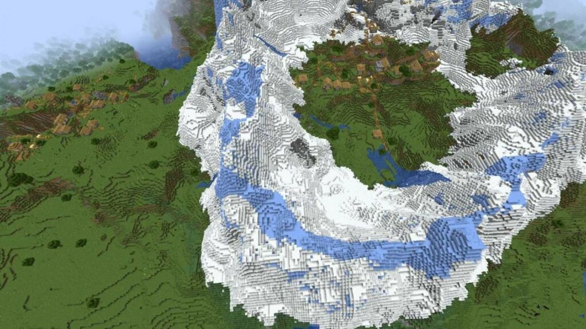 Multiple villages can be found near this seed&#039;s massive mountain range (Image via Mojang)