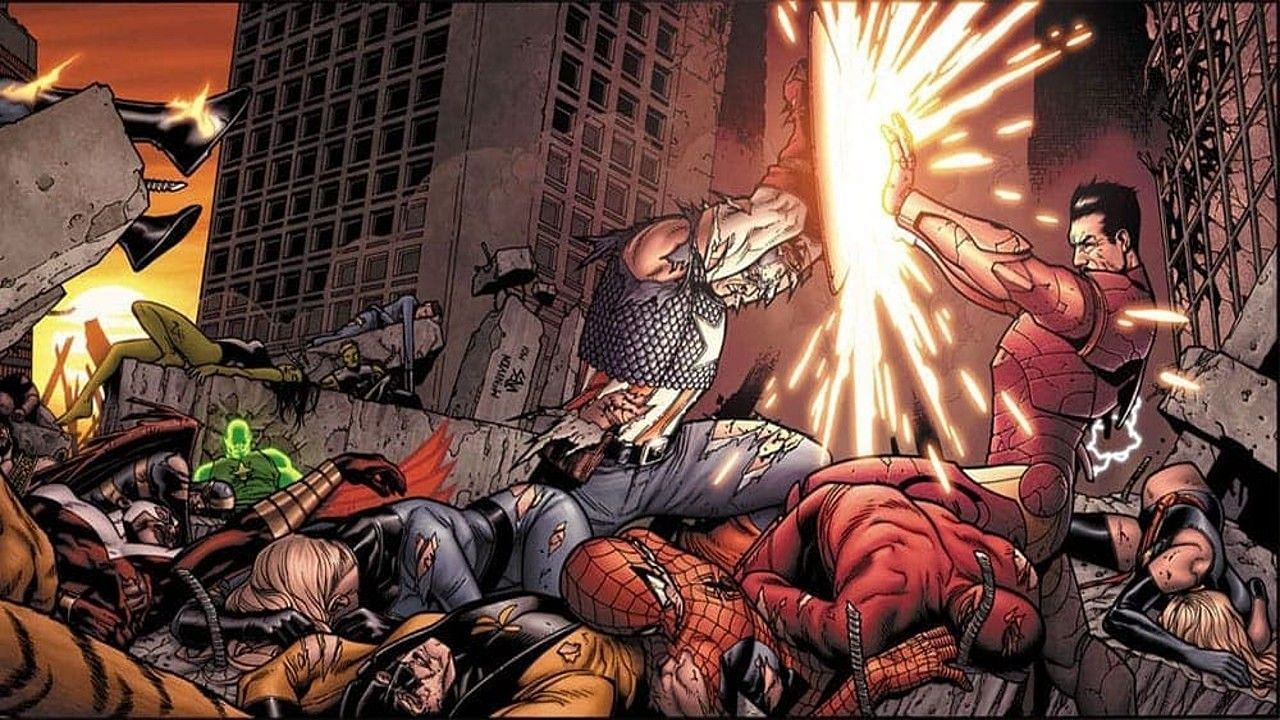 Heroes from Marvel fight (Image via Marvel Comics)