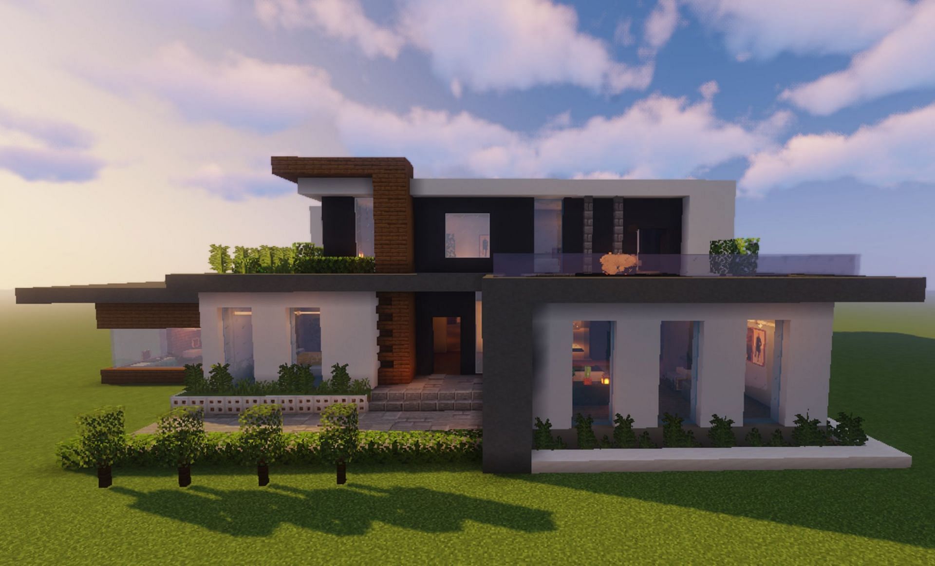 This home incorporates a modern aesthetic with a pleasing wooden interior and porch deck (Image via BunnyLeaf/PlanetMinecraft)