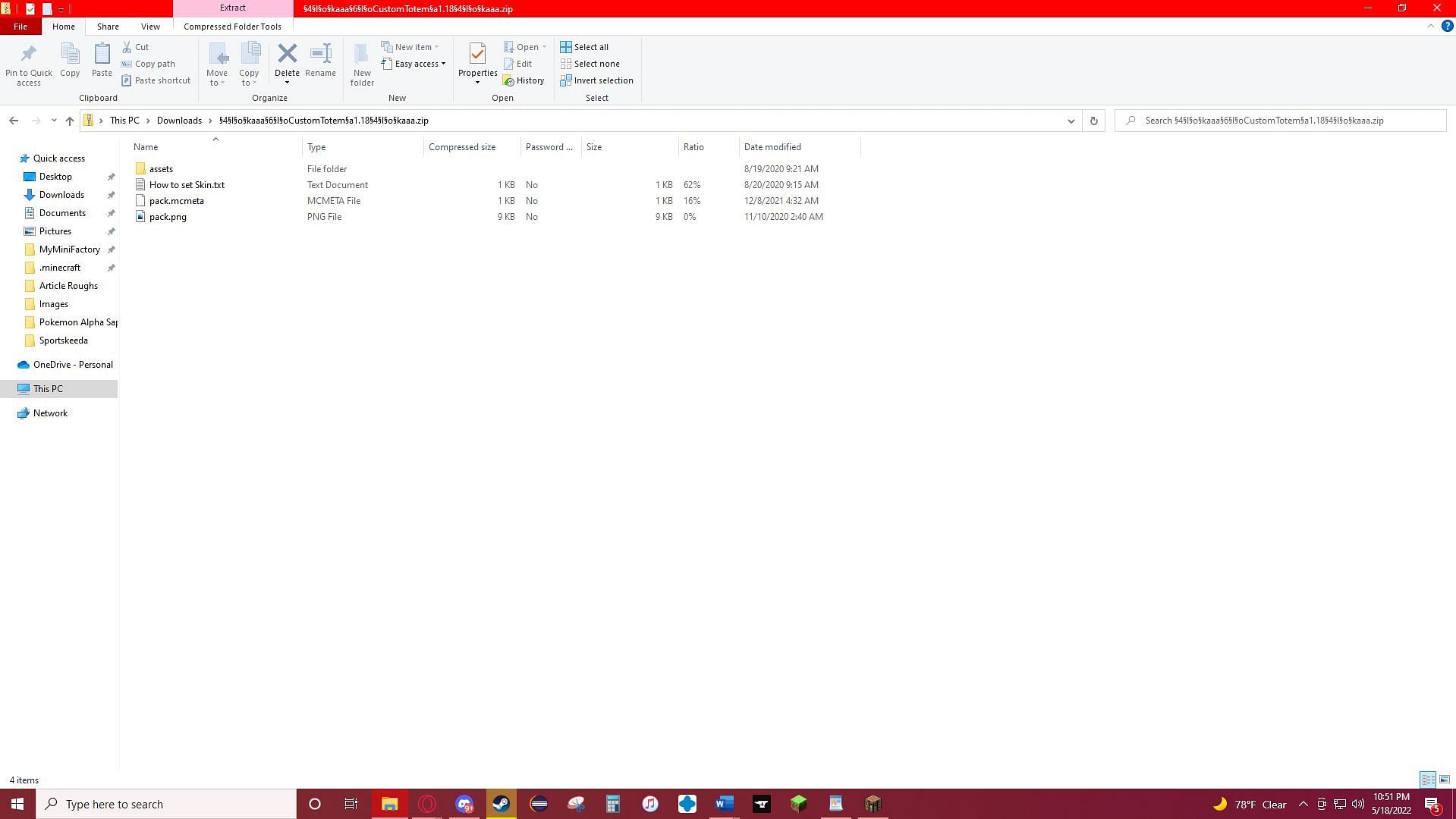 The contents of the zip file from the CurseForge website (Image via Windows File Explorer)