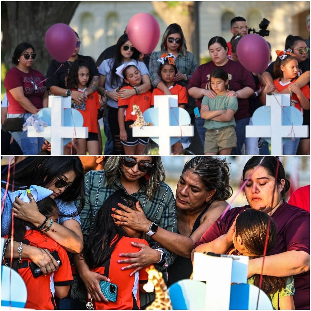 Students of Robb Elementary School along with their parents sobbing and paying tribute to their massacred friends. (Image via Getty)