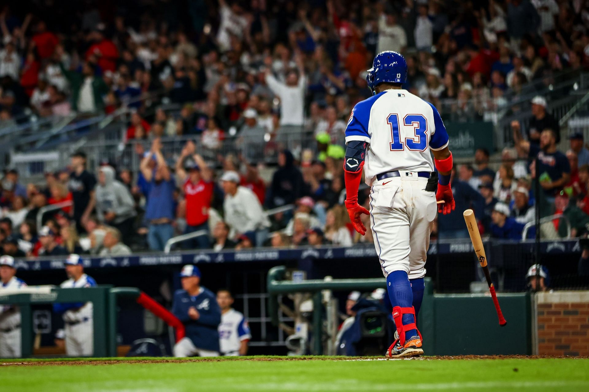 Ronald Acuna Jr. celebrates after launching a home run into the left field bleachers last night. Milwaukee Brewers v Atlanta Braves