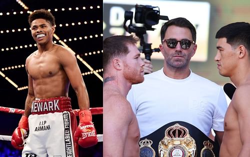 Shakur Stevenson (left) and Canelo Alvarez with Dmitry Bivol (right)