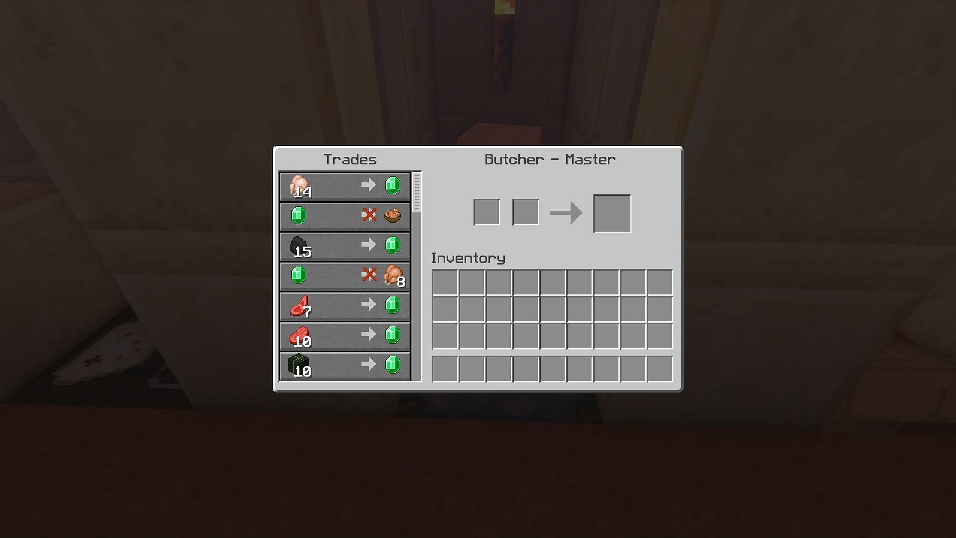The trades offered by a butcher (Image via Minecraft)