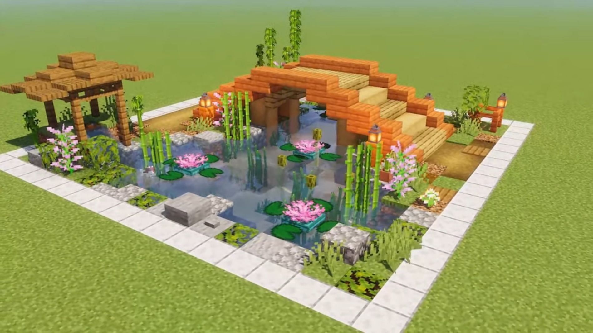 Garden with a bridge (Image via Minecraft)