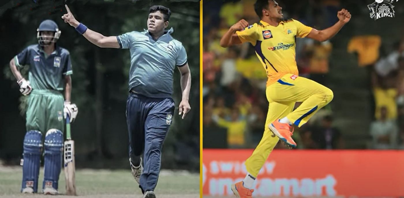 (Left) Maheesh Theekshana during his U-19 days (Right) The Sri Lankan spinner during IPL 2022. Pic: CSK/ Twitter