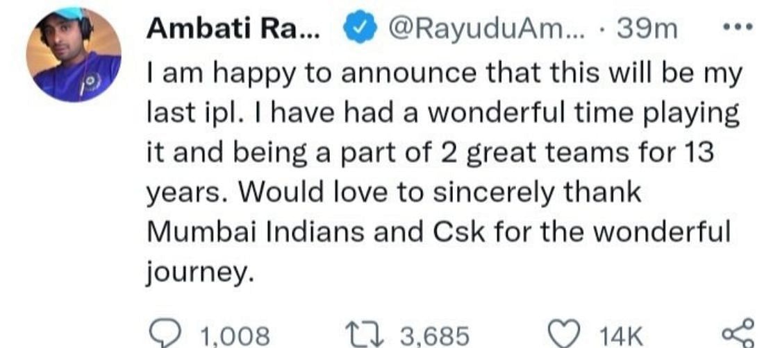 अम्बाती रायडू के ट्वीट का स्क्रीनशॉट