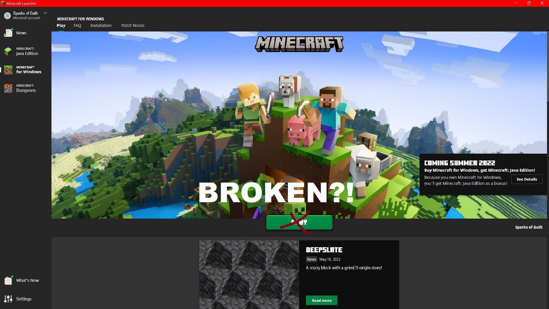 The Minecraft Bedrock Edition launch screen (Image via Minecraft launcher)