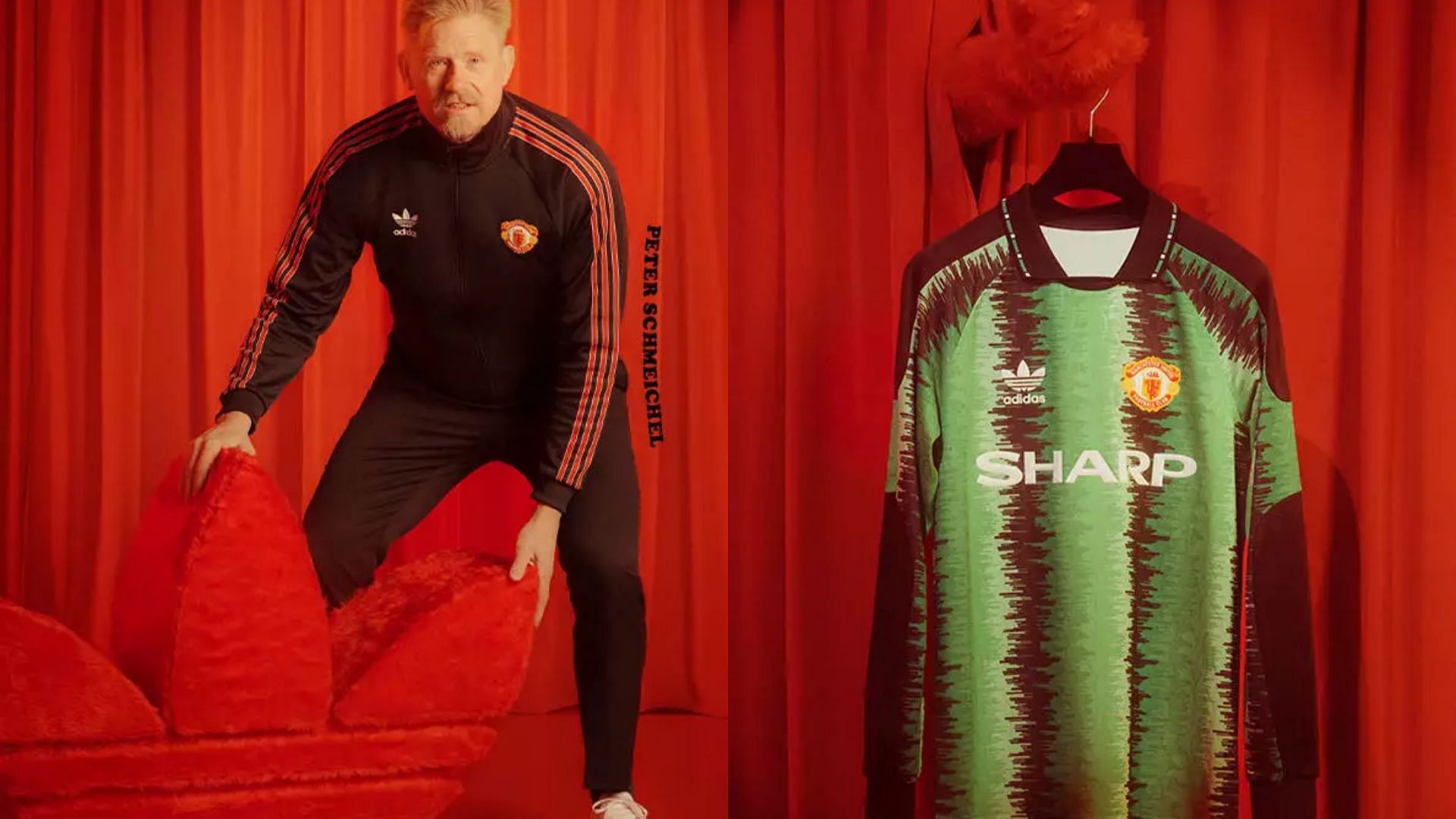 newly released Manchester United x Adidas Originals 90s inspired collection feauting tracksuit and goalkeeper jersey (Image via Adidas)