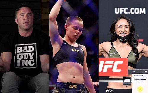 Chael Sonnen (L) image via. youtube/chaelsonnen; Rose Namajunas (C); Carla Esparza (R)