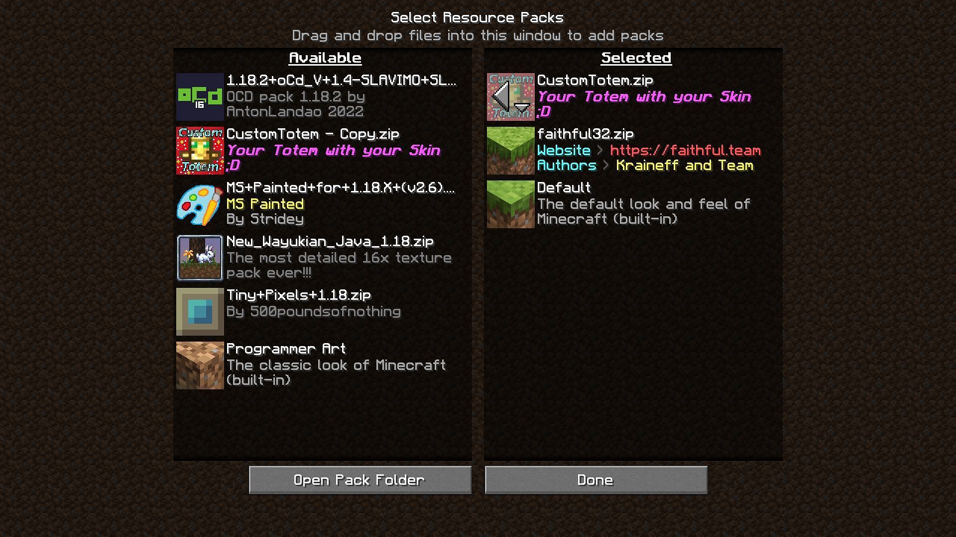 The resource pack list, with the custom totem pack at the top (Image via Minecraft)
