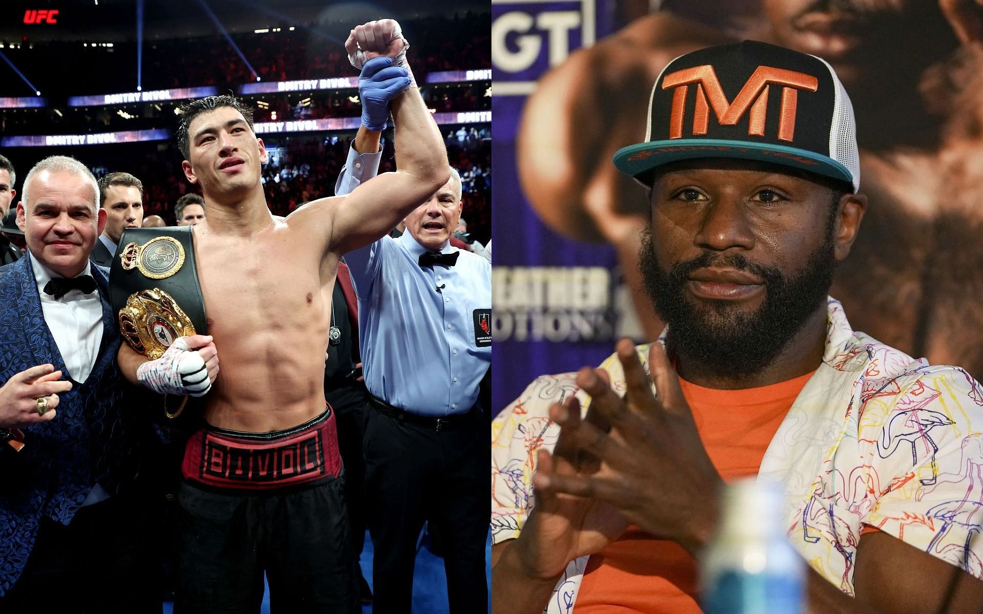 Dmitry Bivol (L) has reacted to Floyd Mayweather (R) betting on him to defeat Canelo Alvarez.