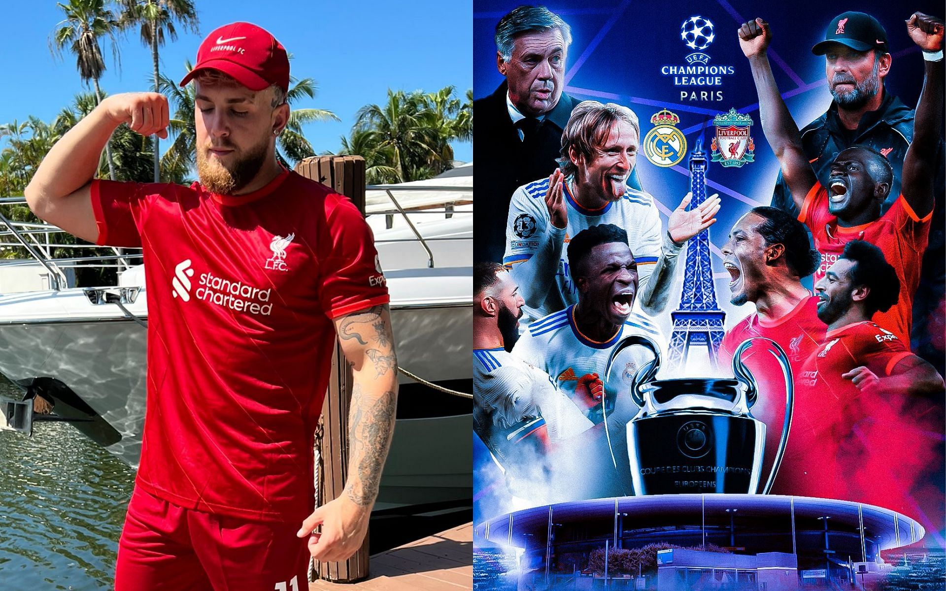 Jake Paul (L) sends an encouraging video to Liverpool ahead of their Champions League Final. [ credits; Jake Paul via his official twitter handle; UEFA graphic poster via. twitter/Sportskeedafootball]