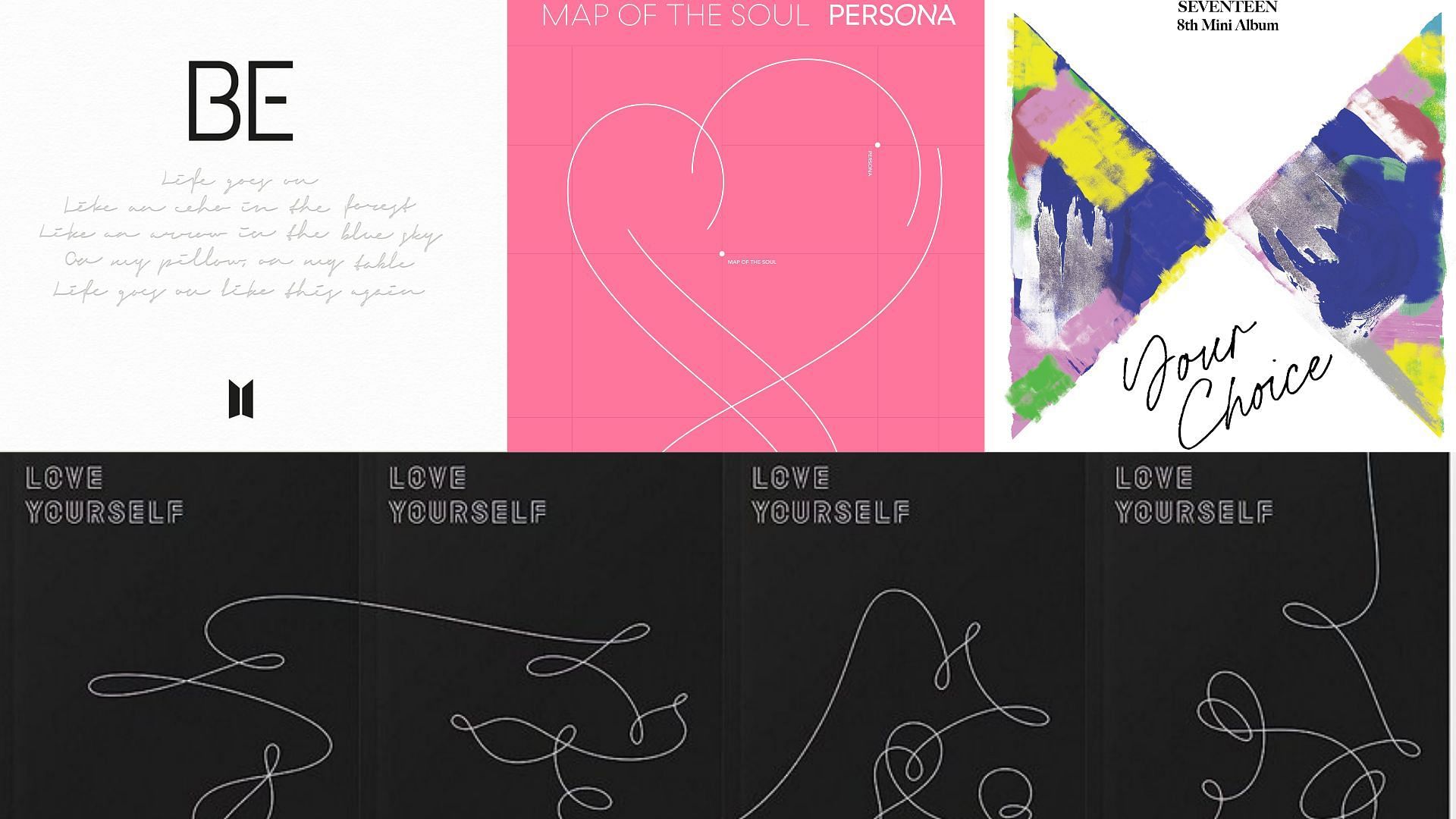 BE, Map of the Soul: Persona, Your Choice, and Love Yourself:Tear album covers (Images via @BIGHIT_MUSIC/Twitter and pledis_17/Twitter)