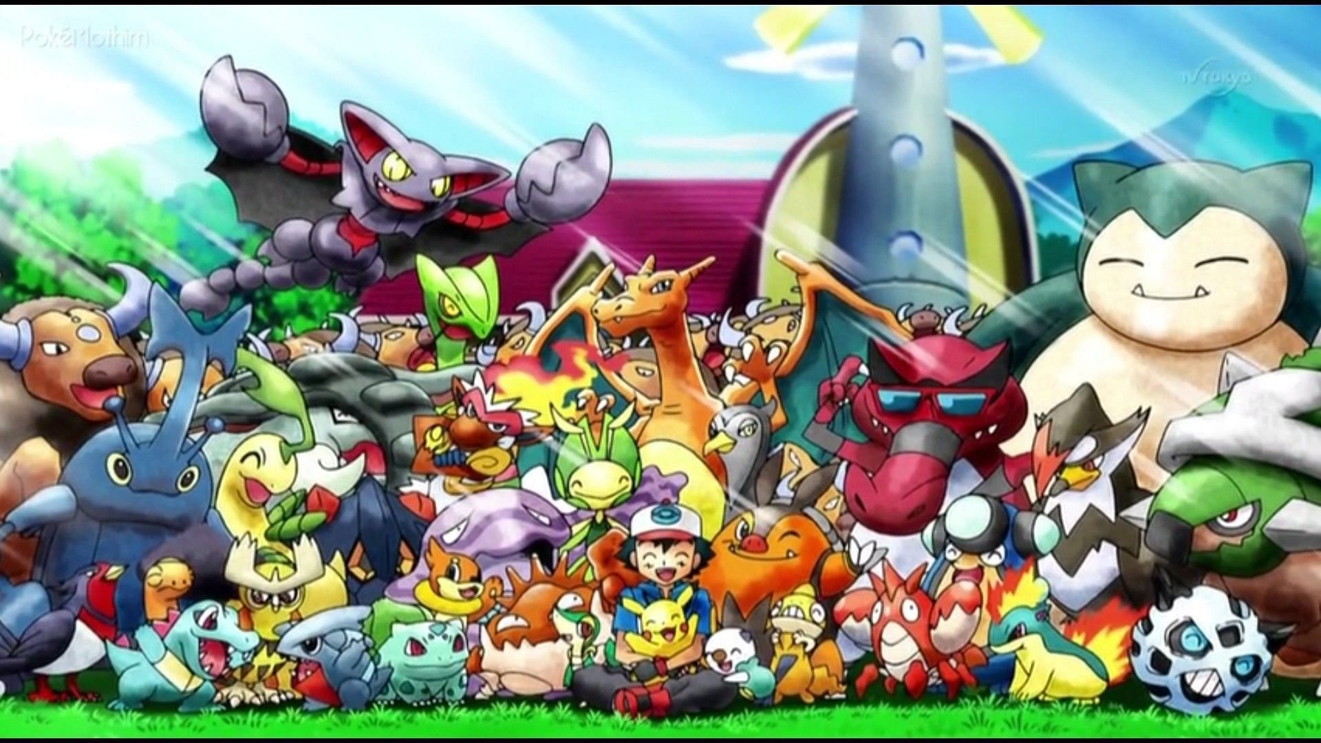 Ash with most of his Pokemon (Image via OLM Incorporated)