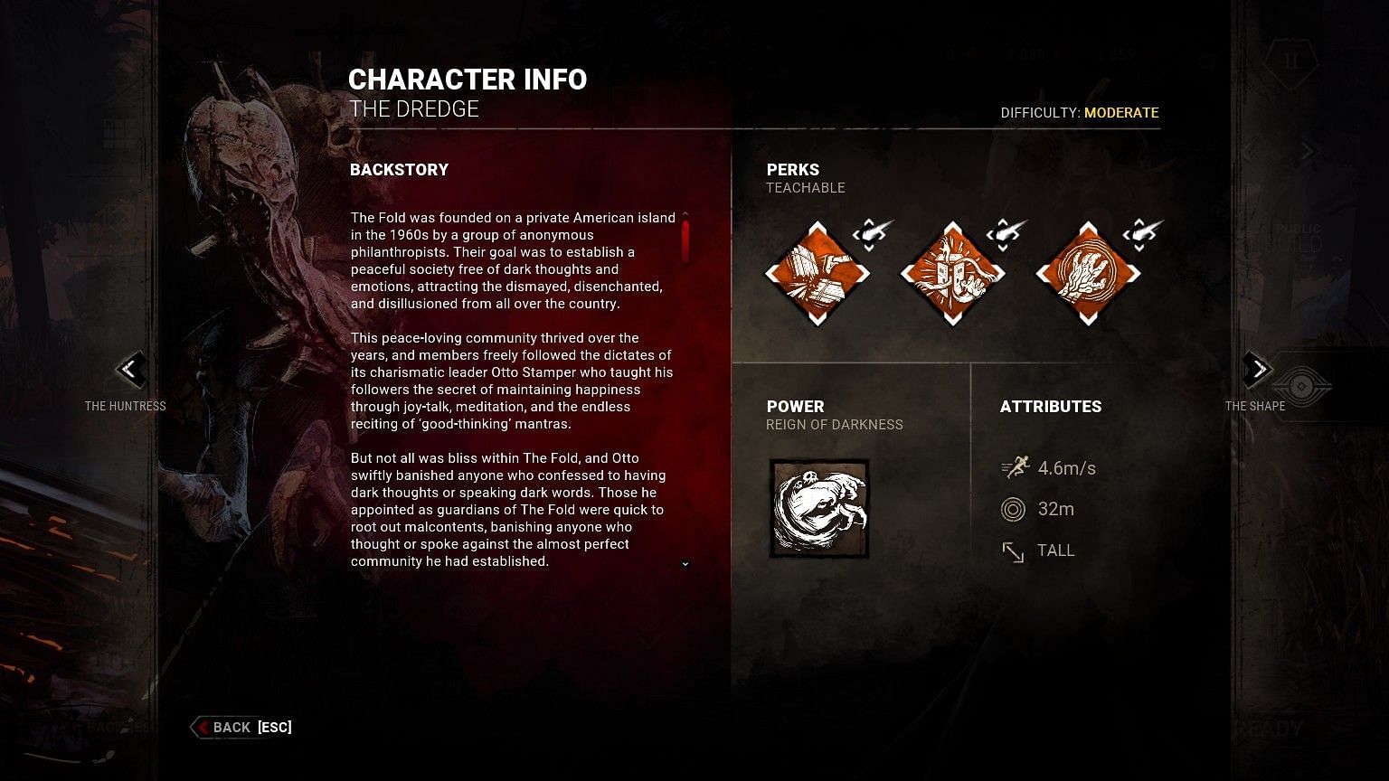 The Dredge&#039;s in-game details, stats, and perk icons as seen in the Public Test Build (Image via Behaviour Interactive)