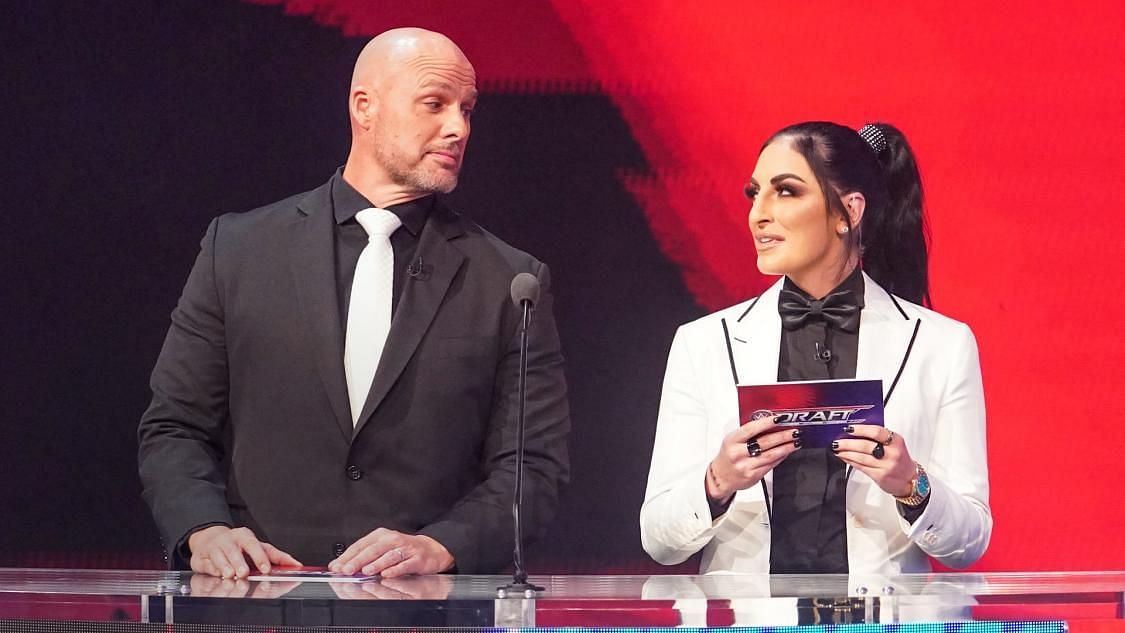 Adam Pearce and Sonya Deville during the 2021 WWE Draft