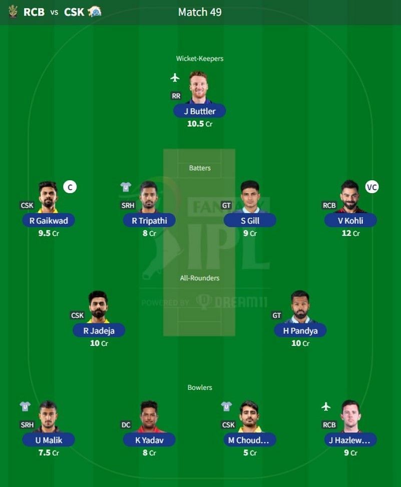 Best IPL Fantasy team for Match 49 - RCB vs CSK