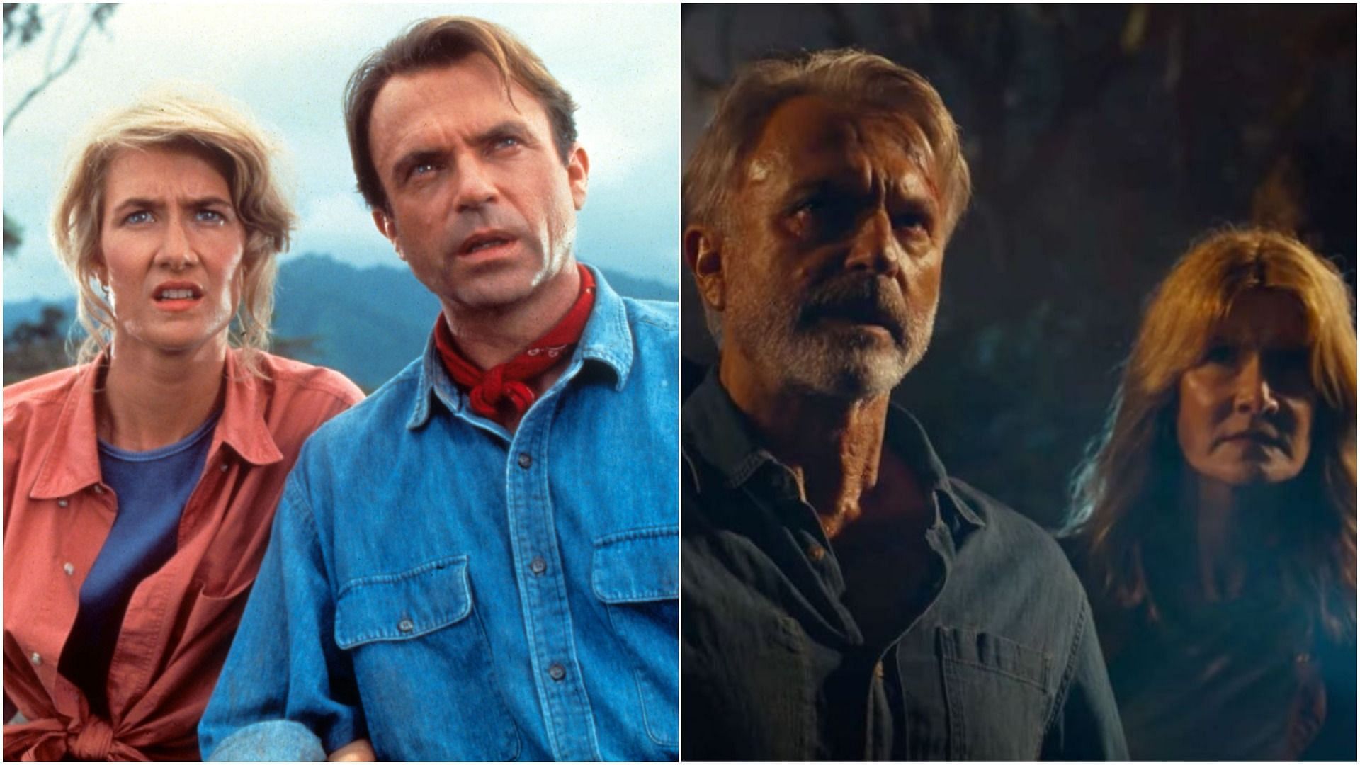 Sam Neill and Laura Dern in 1993&#039;s Jurassic Park and 2022&#039;s Jurassic World: Dominion (Image via Universal Pictures)