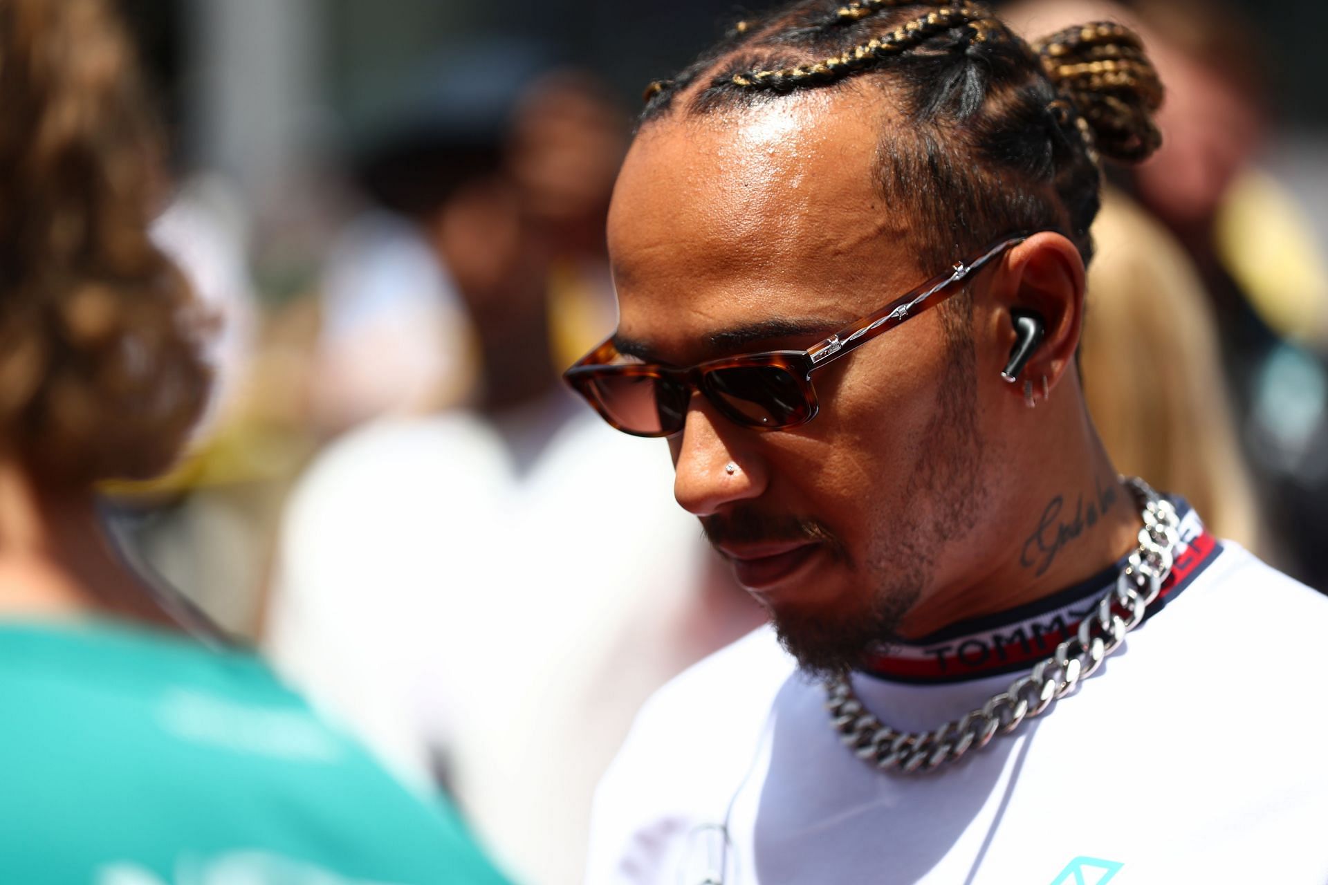 Lewis Hamilton looks on from the drivers&#039; parade before the 2022 Spanish GP. (Photo by Lars Baron/Getty Images)