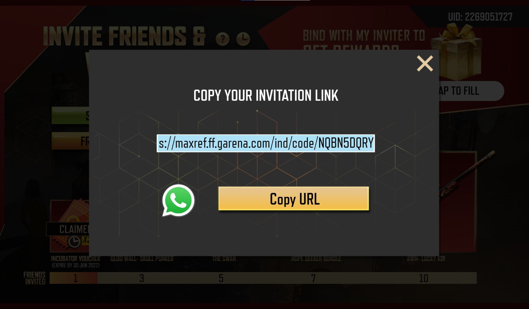 شارك الرابط الفريد مع الأصدقاء (الصورة من Garena)