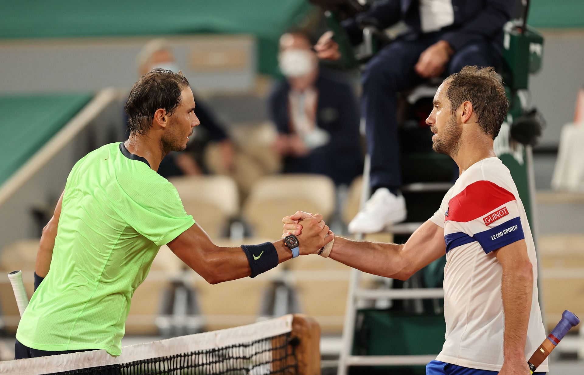 Rafael Nadal (left) beat Richard Gasquet for the 17th titme at 2021 Roland Garros