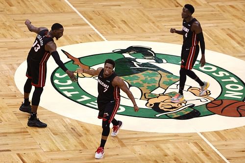 Kyle Lowry #7 of the Miami Heat reacts after a late basket in the fourth quarter against the Boston Celtics.