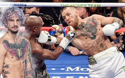 Sean O'Malley (left), Floyd Mayweather Jr., and Conor McGregor [Left image via ufc.com]