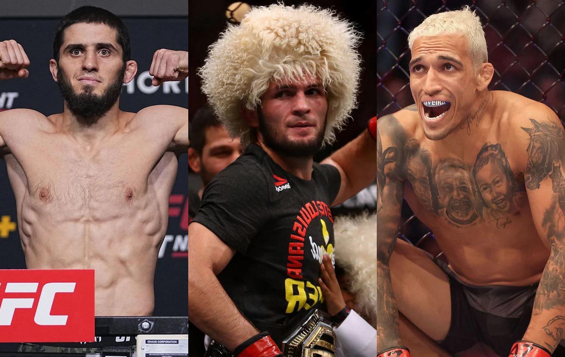 Islam Makhachev (left), Khabib Nurmagomedov (center) &amp; Charles Oliveira (right)