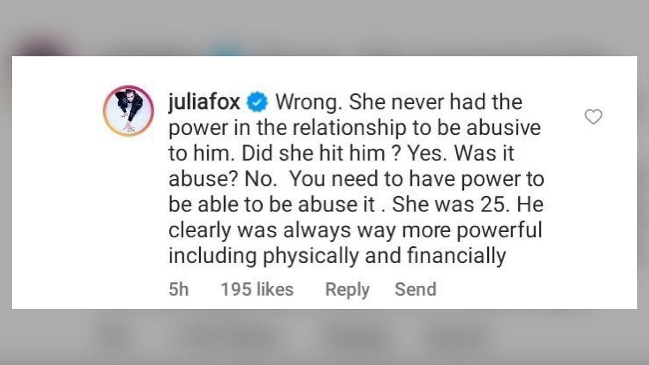 Viral screenshot of Julia Fox&#039;s comment. (Image via Twitter/@angela_callisto)