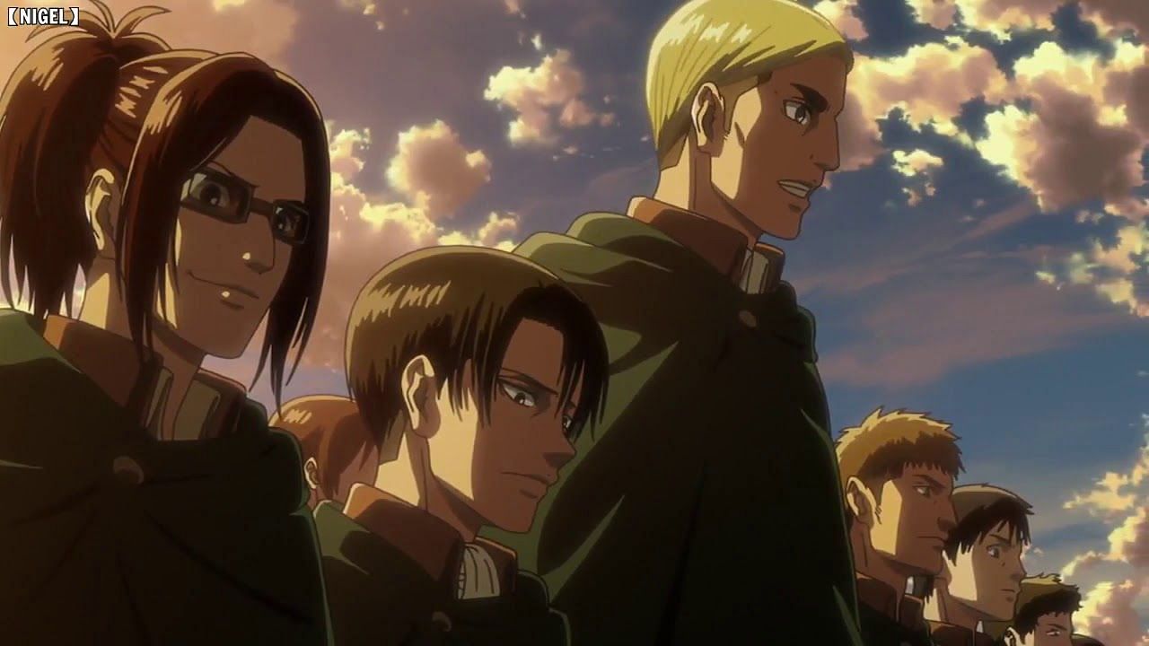The leadership of the Survey Corps seen with unnamed members (Image via Wit Studios)