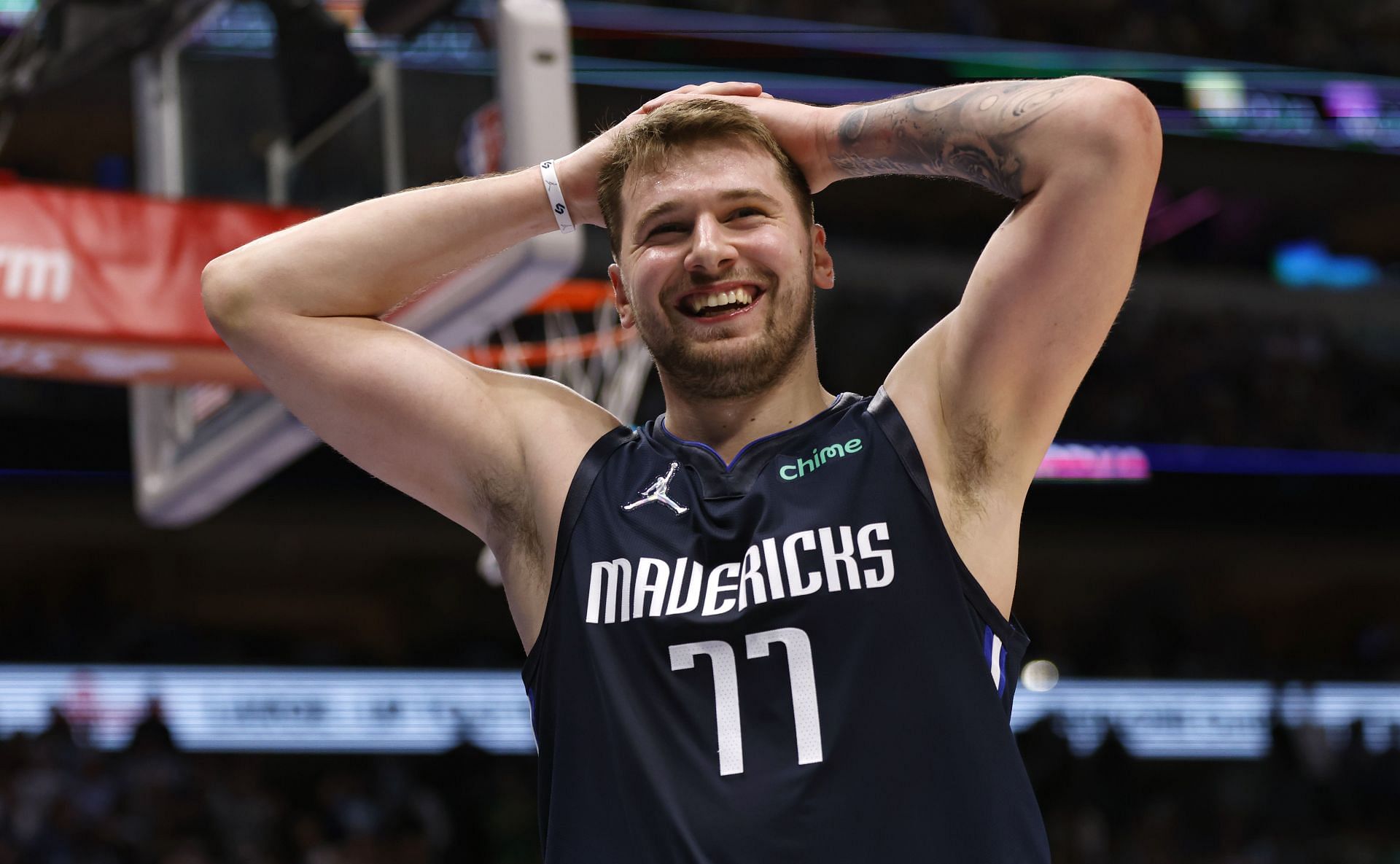 Luka Doncic #77 of the Dallas Mavericks reacts against the Phoenix Suns during Game Six of the 2022 NBA Playoffs Western Conference Semifinals at American Airlines Center on May 12, 2022 in Dallas, Texas.