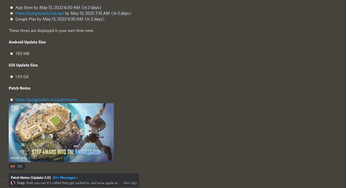 The update size and update&#039;s availability (Image via Discord)