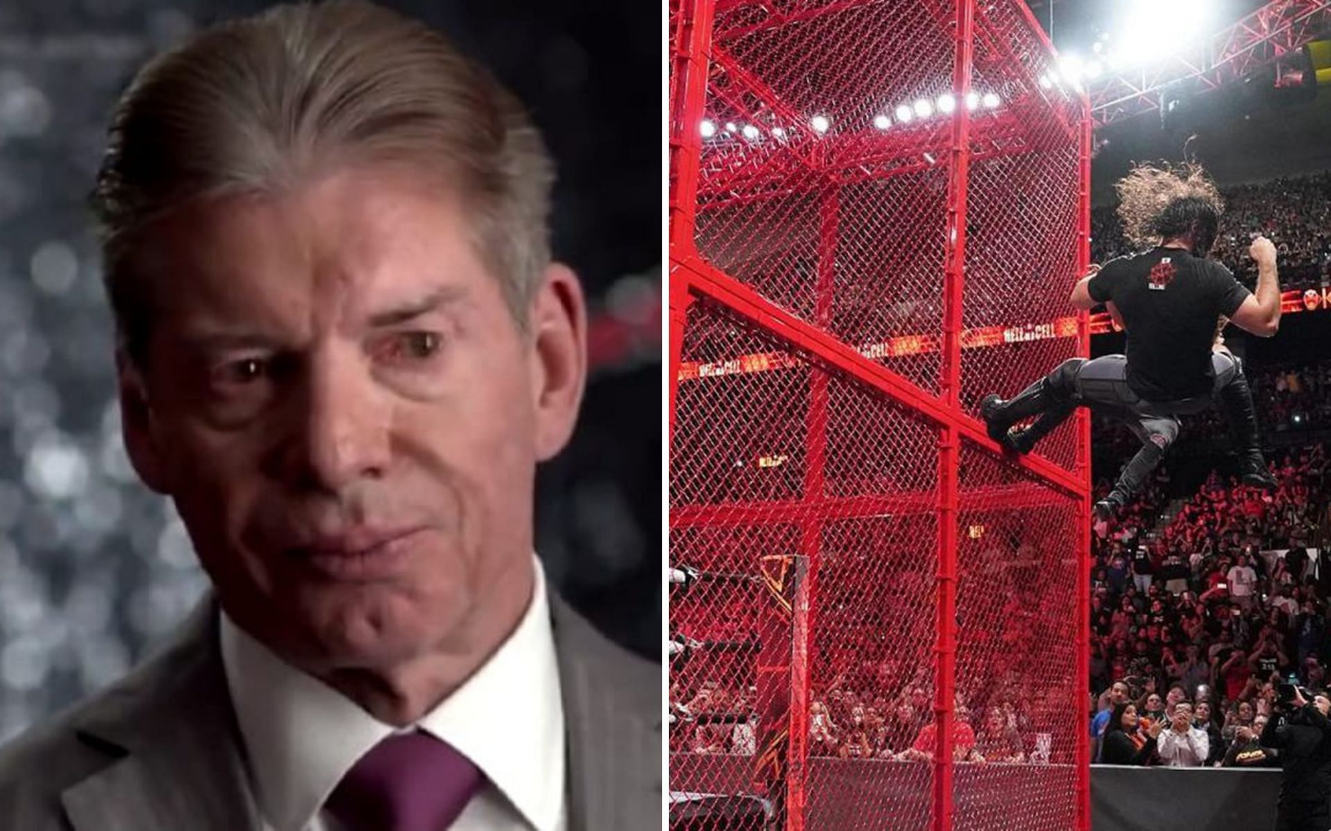 Vince McMahon (left); Seth Rollins&#039; leap of faith outside the Hell in a Cell structure (right)