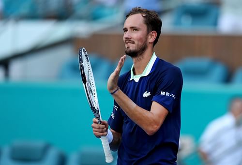 Daniil Medvedev celebrates winning a match at the 2022 Miami Open